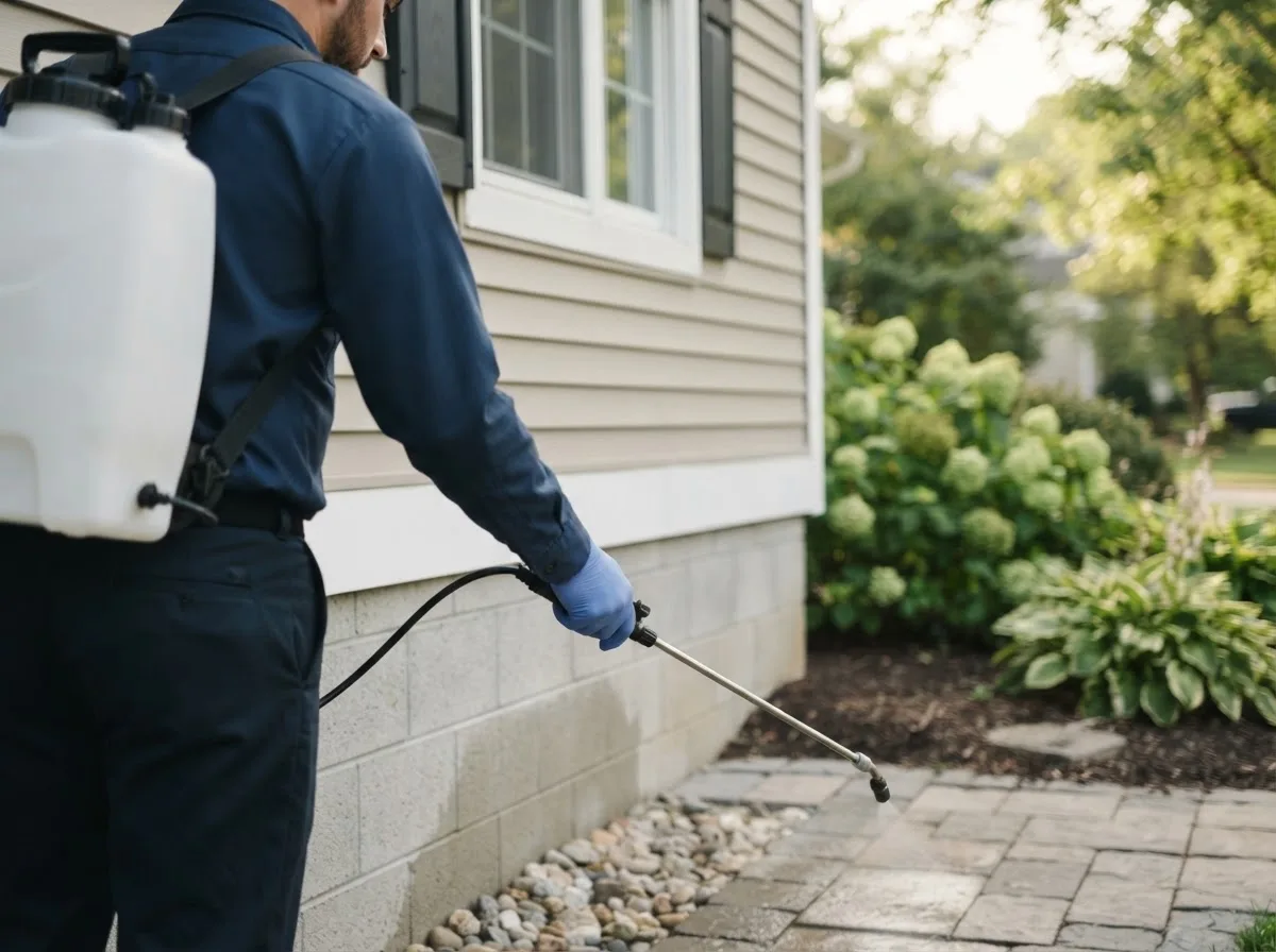 Pest control technician inspecting a home in Hinton, IA